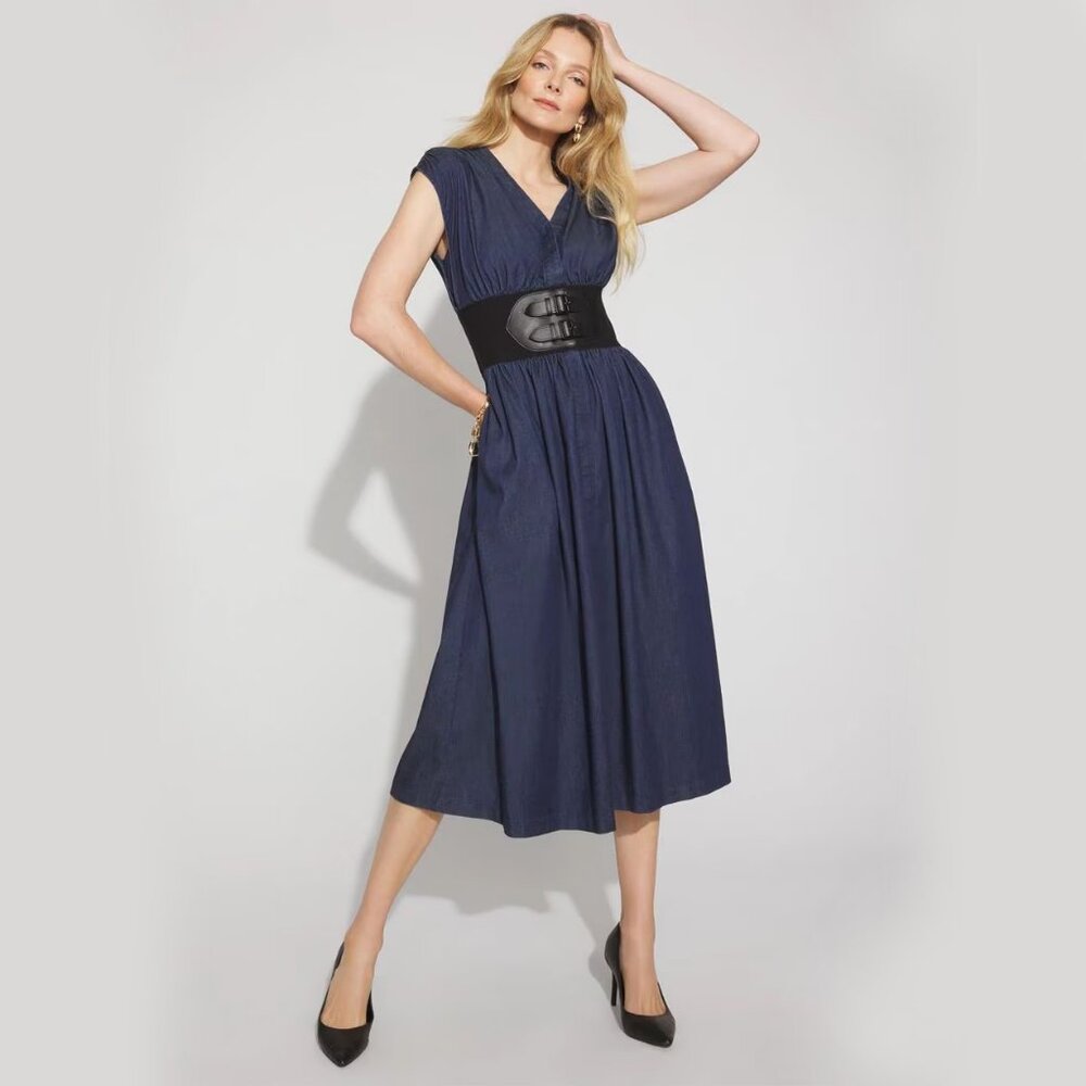 WHBM $200 Tencel Belted Denim Midi Dress Wide Belt Jean MANY SIZES